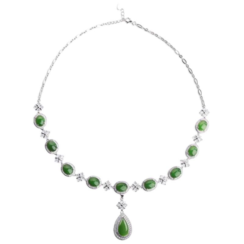 帛兰梓韵 天然和田碧玉项链S925纯银镶玉石挂件女款玉石吊坠豪华富贵款玉石项链送证书