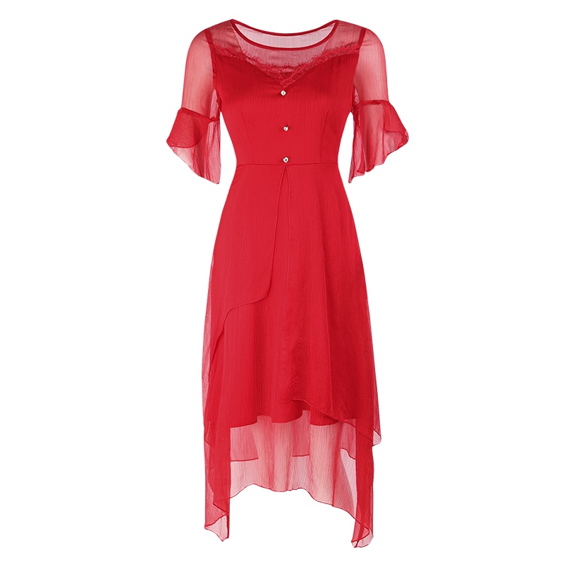 晩白 新品时尚优雅纯色圆领喇叭袖收腰显瘦不规则连衣裙