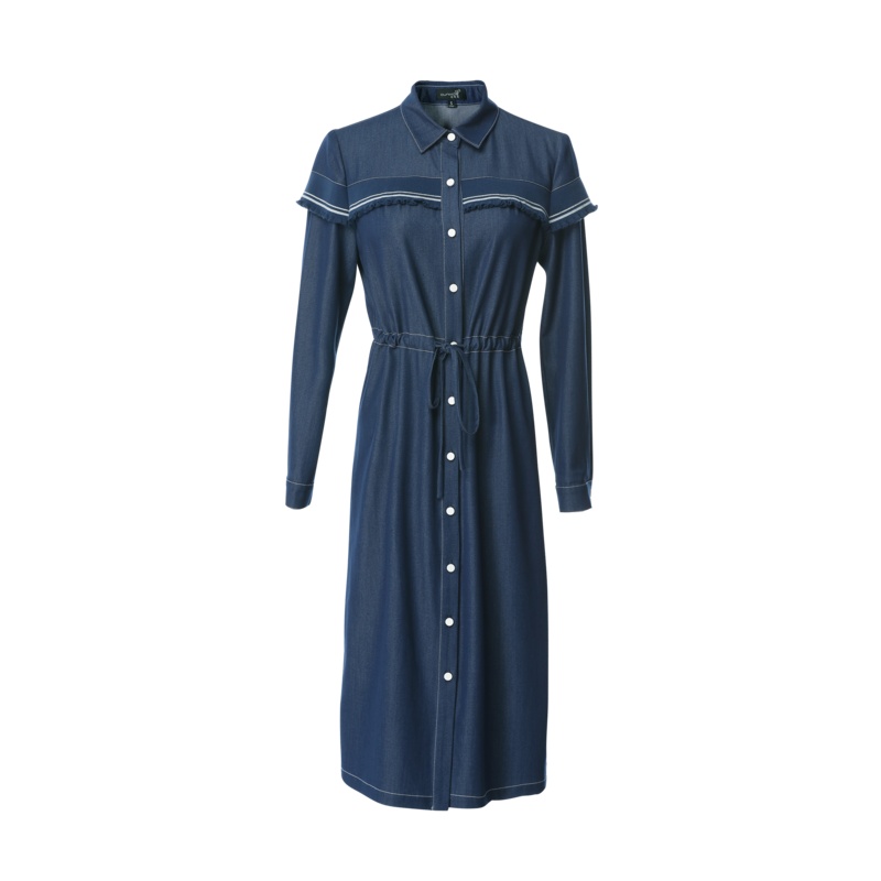 欧昵雪翻领长袖牛仔连衣裙女过膝抽绳系带收腰衬衫裙