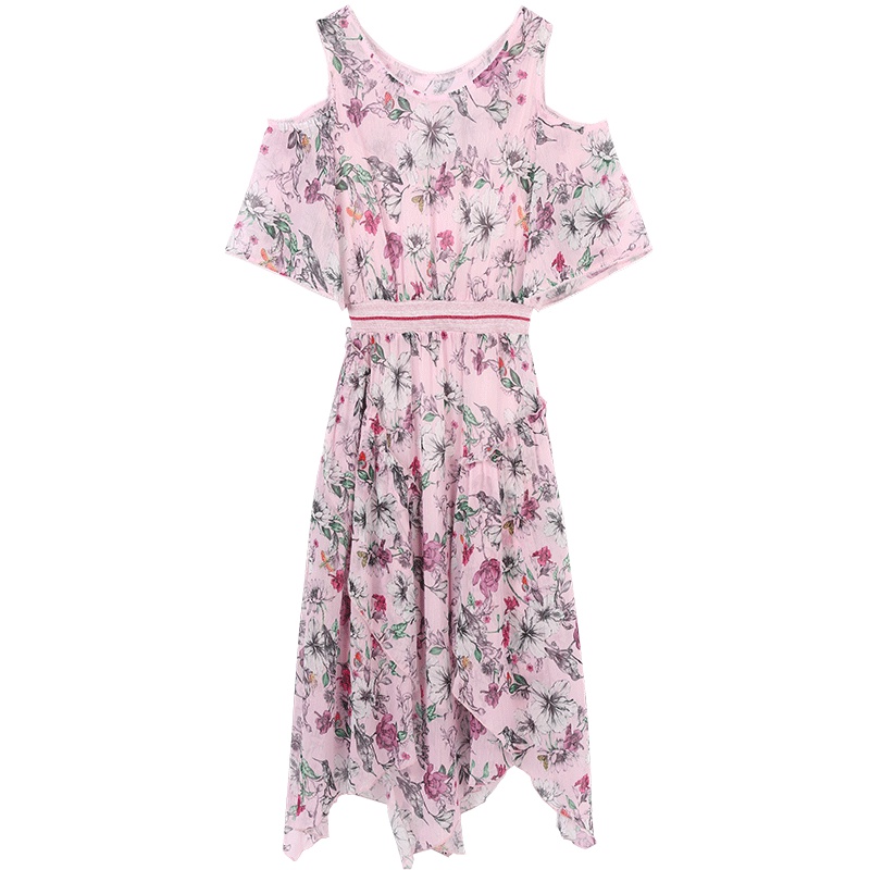 马克华菲女装2019夏V领无袖印花连衣裙小清新女装森女