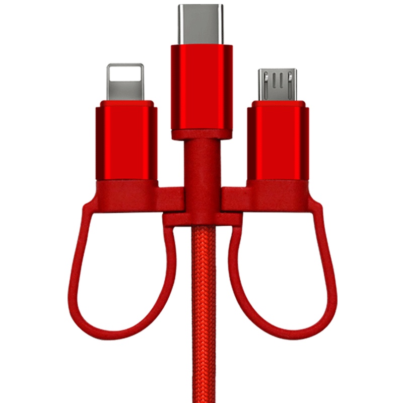 [支持iphone12]纽曼XS06快充版红色三合一苹果快充手机一拖三USB连接充电线3A快充支持华为小米OPPO1米长