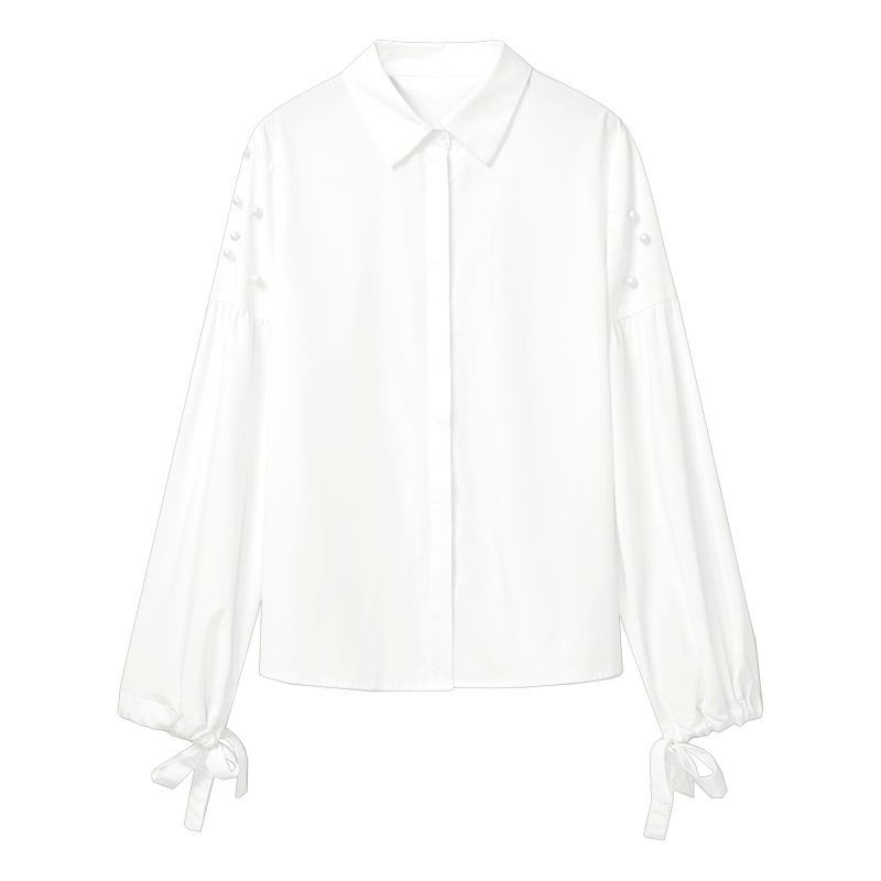2019爱居兔秋季女装简约纯色珍珠装饰长袖休闲衬衫