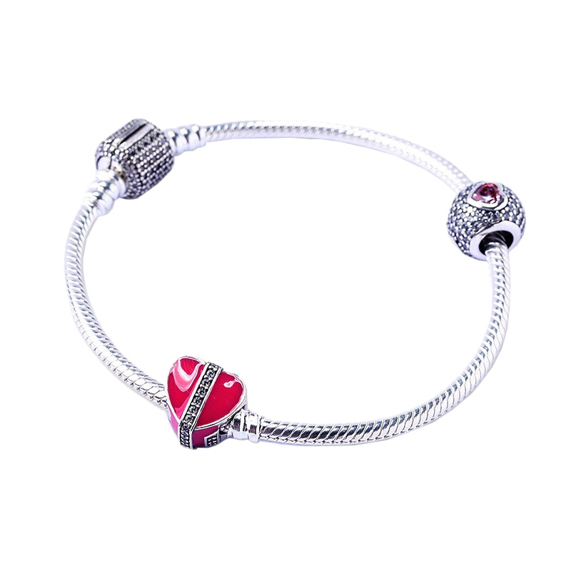 Pandora潘多拉 925银手镯洋红色爱的惊喜手链简约时尚串珠挂件成品套装珐琅串饰挂件DIY