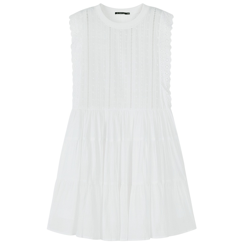 【满198减100预估价：49】Semir森马2019夏季新款白色少女连衣裙女无袖裙子性感镂空圆领百褶裙