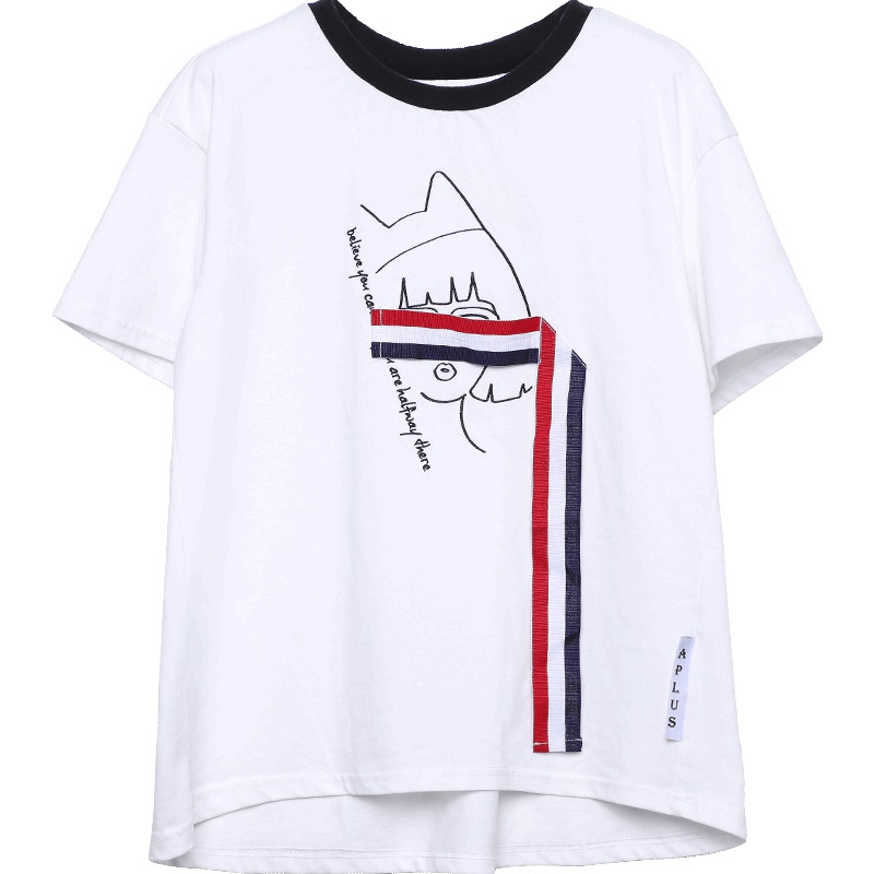 a02新款潮流青年个性飘带简约英伦风T恤女DTU1A0481KT