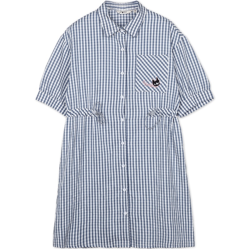 a02新款2020时尚抽绳收腰刺绣印花翻领格子连衣裙女DTV2D0461DR