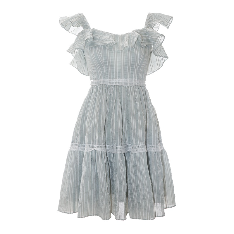连衣裙2019新款夏韩版洋气露肩荷叶领竖条纹公主短裙女