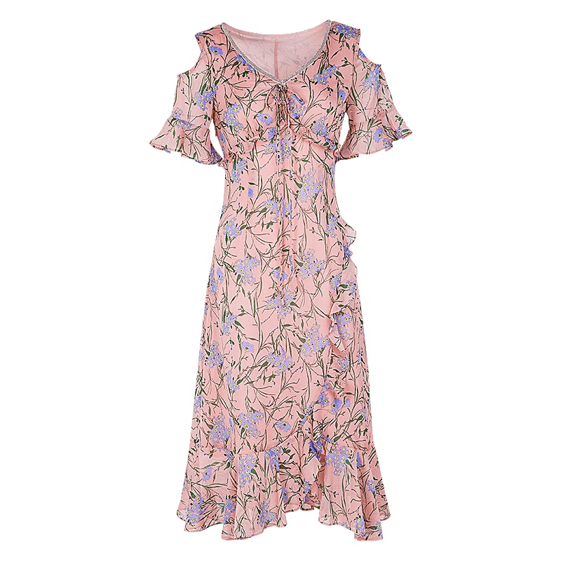 晩白 新品印花系带V领露肩袖收腰显瘦中长款雪纺连衣裙