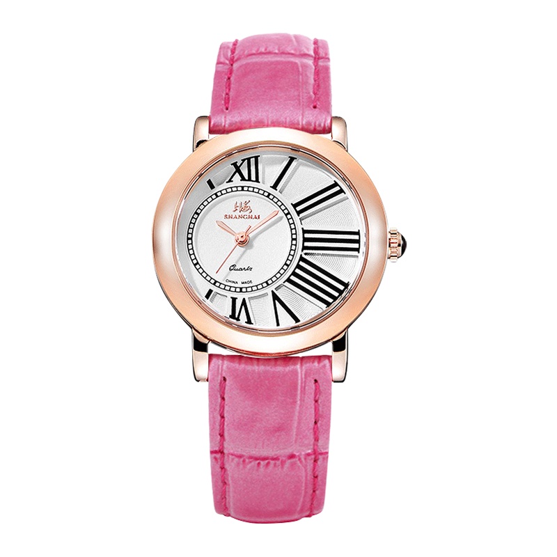 上海表SHANGHAI手表 防水女士潮流时尚真皮表带女表 石英表女士腕表皮革真皮表带女表粉色腕表X632