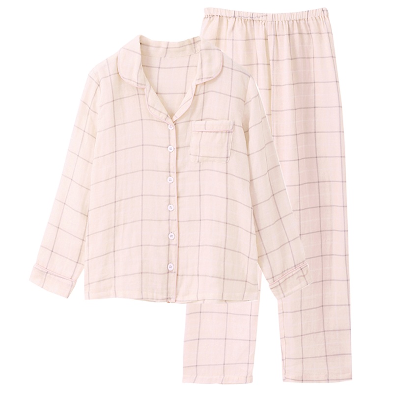 都市丽人【透气双层纱亲肤纯棉】经典格纹翻领情侣款睡衣长袖女士家居服DSH074