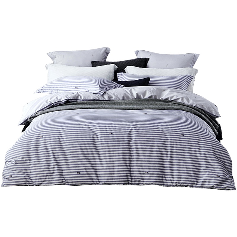 LOVO家纺罗莱生活出品床品四件套全棉斜纹印花素色条纹风床上用品纯棉床单被套枕套1.5/1.8米床 简兮