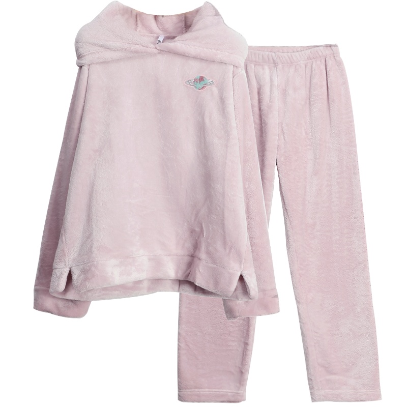 红豆居家(Hodohome)舒适加厚保暖法兰绒睡衣女套装女士睡衣家居服秋冬连帽款