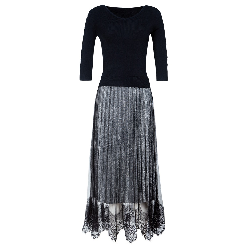 晚白 新款V领五分袖拼接长款假两件蕾丝百褶连衣裙