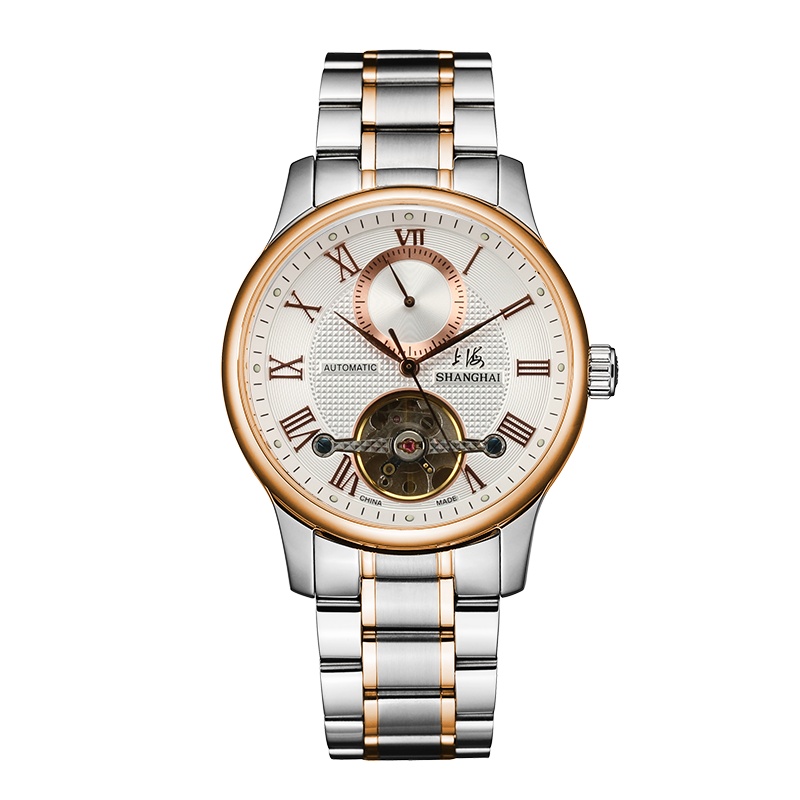 上海手表上海牌手表男士露摆系列机械表动感飞轮多功能表全自动机械手表商务双时区表盘国潮男士腕表SH-6002