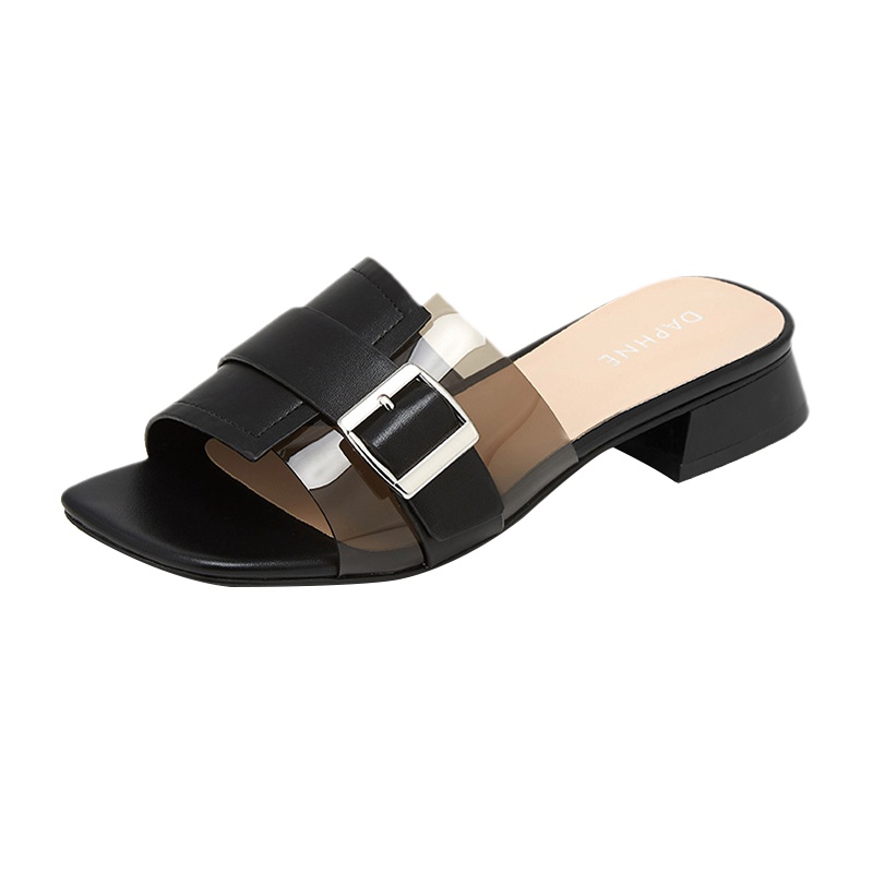 达芙妮夏季新款透明拼接宽头平底女拖鞋