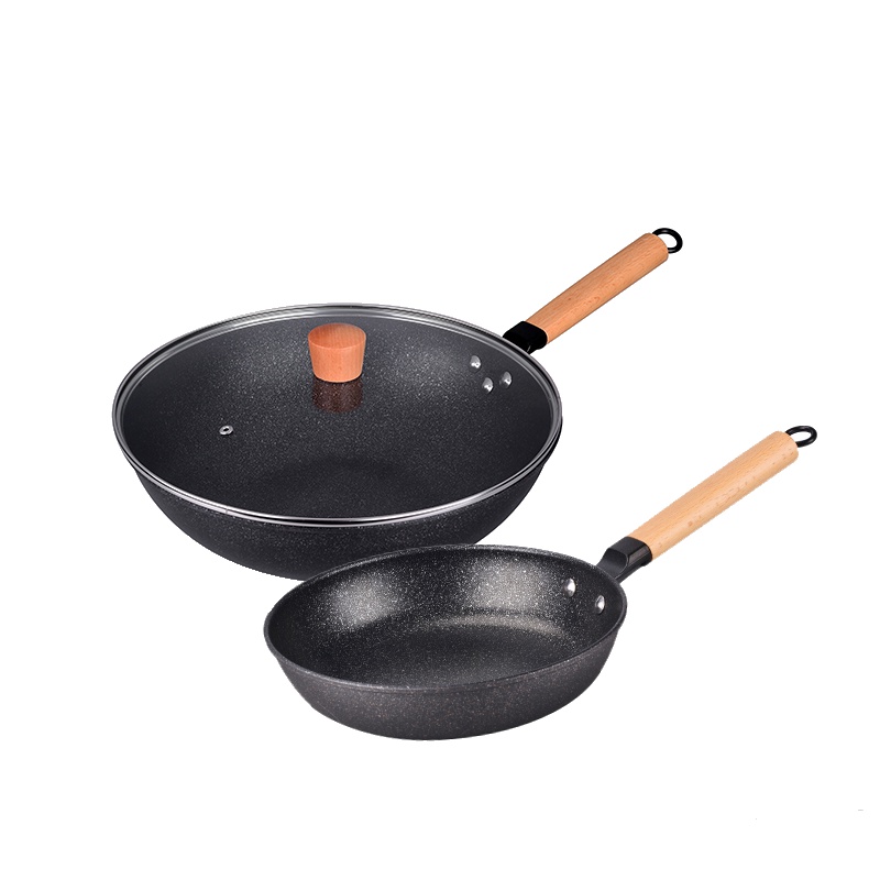 爱自由麦饭石套装锅家用炒锅煎锅两件套电磁炉明火通用锅具