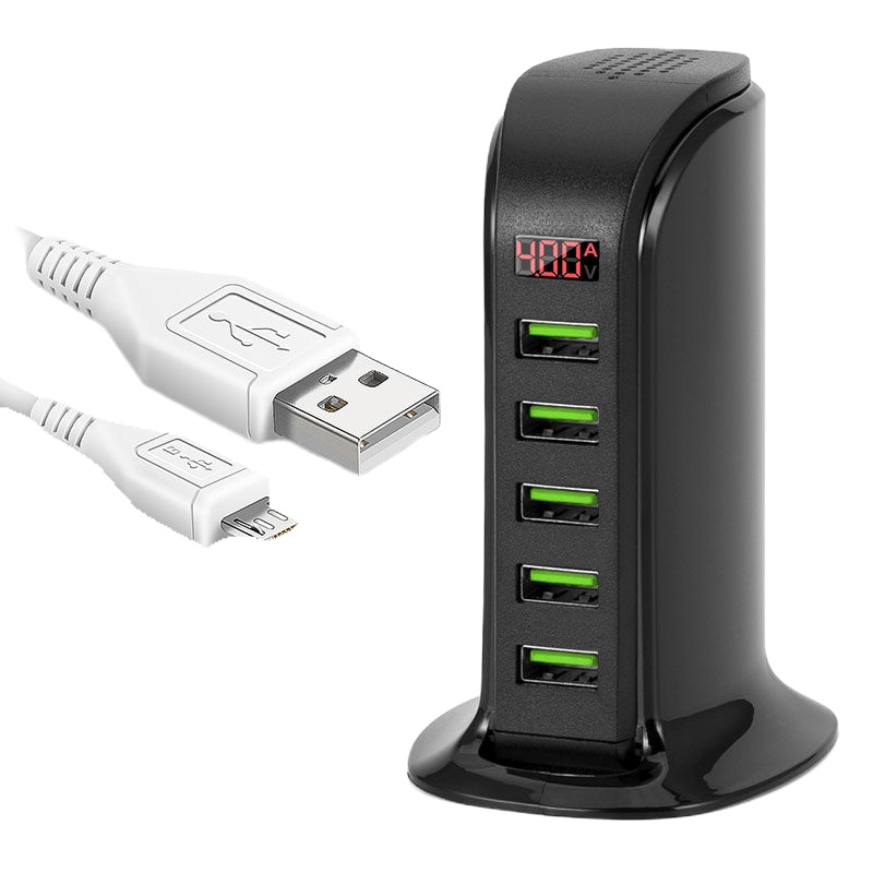 华为多口usb充电器4a智能数显苹果小米安卓手机平板适用多孔插头|黑色 红屏+1米苹果数据线