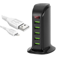 华为多口usb充电器4a智能数显苹果小米安卓手机平板适用多孔插头|黑色 红屏+1米苹果数据线