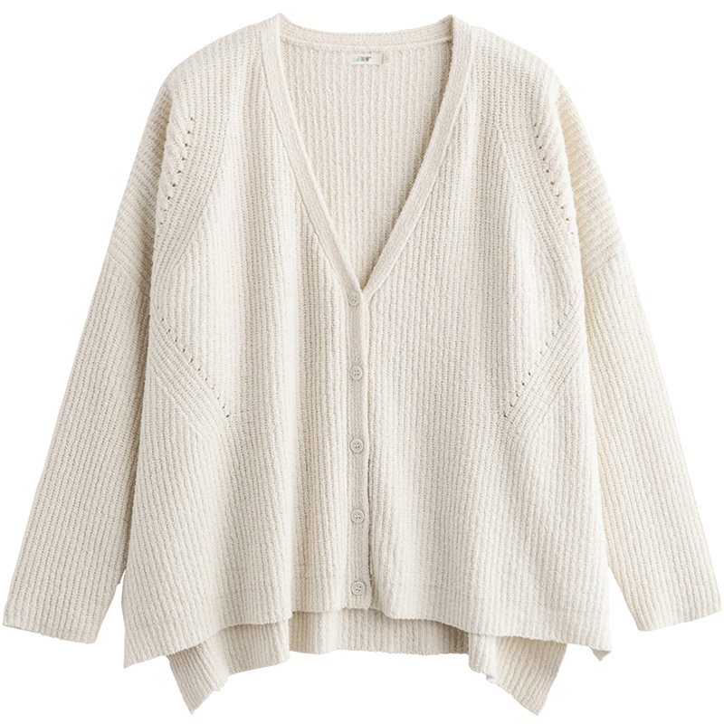 茵曼春新款低V领蝙蝠长袖chic白色针织开衫女宽松粗线毛衣外套