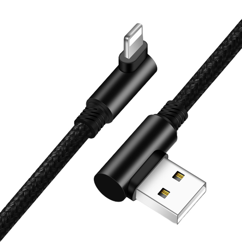 火豹苹果充电器iPhone6/5数据线6s加长5s手机7Plus双弯头5V2.1a快充se单头 弯头苹果编织线-黑色1.