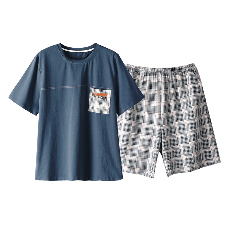 睡衣男夏季纯棉圆领短袖短裤薄款舒适休闲家居服可外穿套装