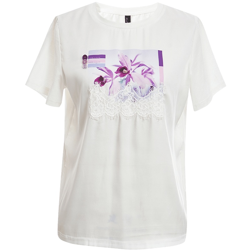 欧昵雪圆领T恤女短袖夏时尚蕾丝拼接仿真丝印花纯棉上衣