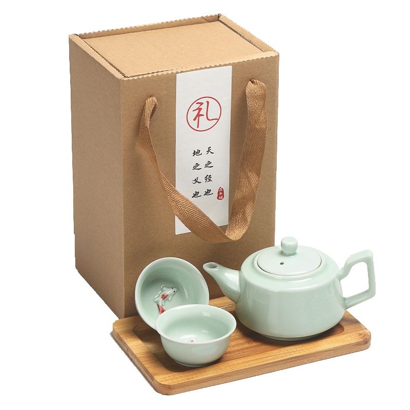 彩帮陶瓷青瓷礼品茶具禅定壶一壶二杯带盘礼盒装