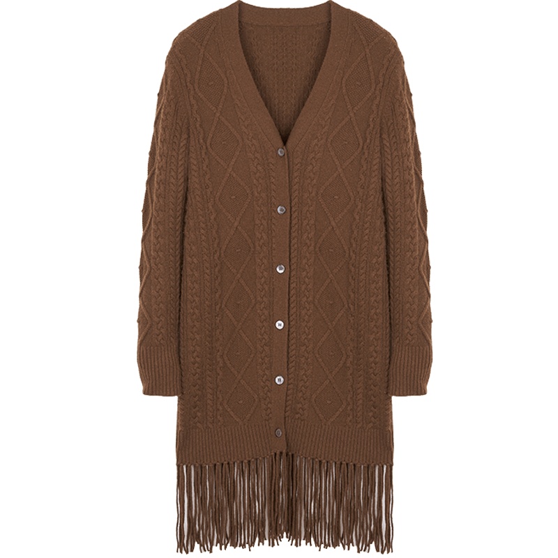 鄂尔多斯ERDOS 秋冬V领绞花流苏长款开衫时尚羊绒衫女士针织衫/毛衣