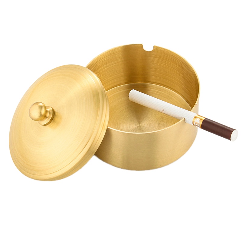 封后中式复古烟灰缸创意个性潮流大号纯铜制客厅家用防飞灰烟缸 [带盖]铜胆中号烟灰缸摆件