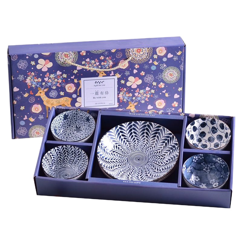 企采严选 日式和风礼品碗套装礼盒 一鹿有你 四碗四勺二盘套装