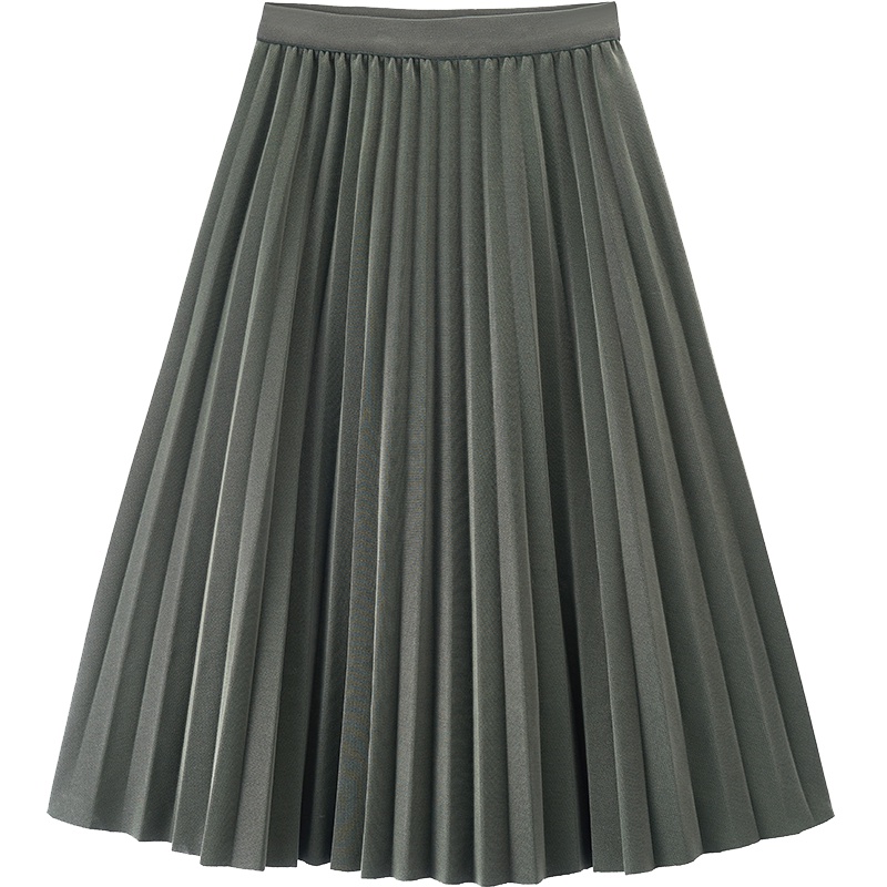 茵曼2019秋季新款橡筋腰气质橄榄绿简约气质显瘦百褶半身裙女