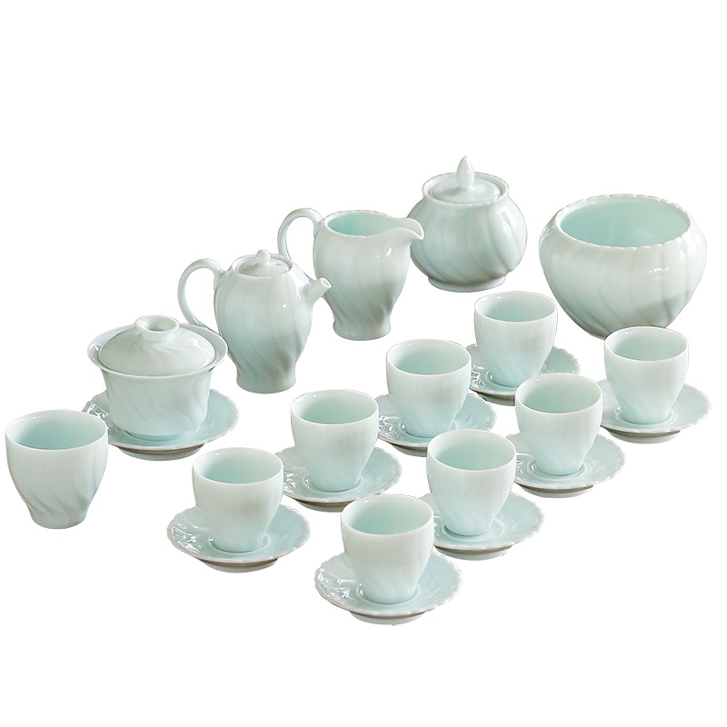 苏氏陶瓷 SUSHI CERAMICS 茶具套装螺旋盖碗茶壶茶叶罐茶洗主人杯八茶杯八碟23头精美礼盒大套组(影清)