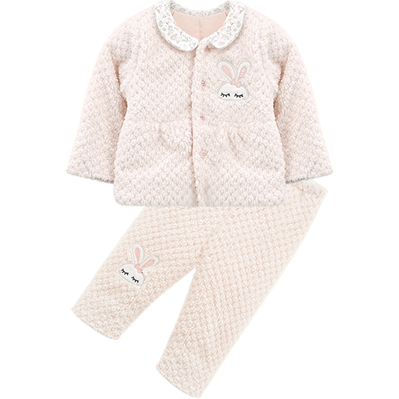 婴姿坊女童秋冬新款两件套新生儿翻领夹棉可爱保暖套装
