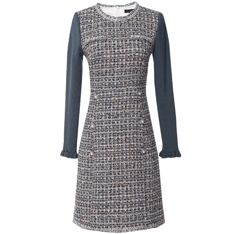 欧昵雪秋冬季圆领拼接针织长袖修身粗花呢连衣裙女