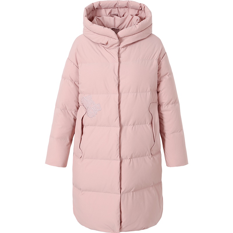 艾莱依2019秋冬新款可爱甜美不规则下摆中长款羽绒服女