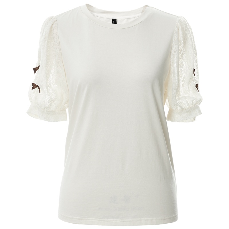 欧昵雪蝴蝶结蕾丝短袖上衣夏季百搭圆领直筒设计感泡泡T恤女