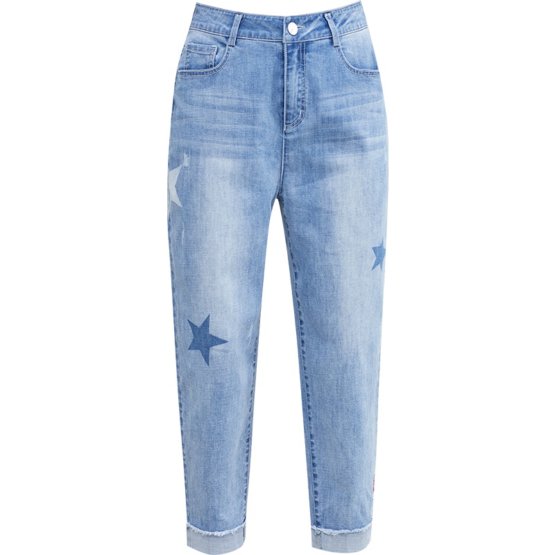 娅丽达薄款牛仔裤女宽松高腰哈伦九分刺绣2019夏季新款老爹裤I2145