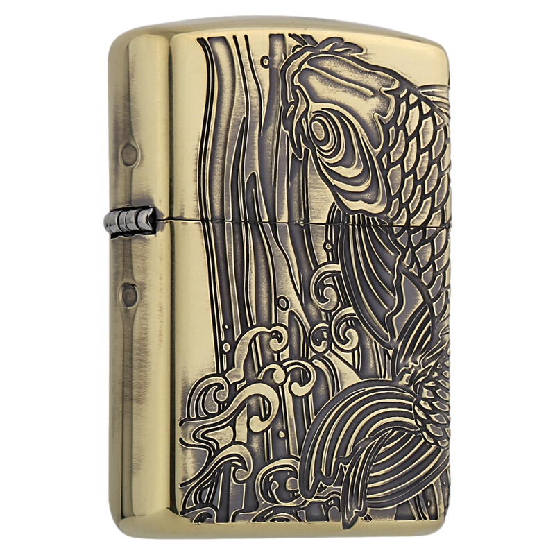 美国ZIPPO打火机 芝宝 加厚盔甲两面深雕复古鲤鱼跃龙门 昇鲤年年有鱼 熏银