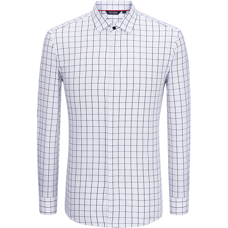 Youngor/雅戈尔男士商务正装秋季白色格子长袖衬衫100022
