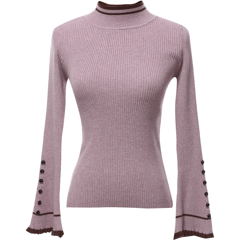 欧昵雪秋冬撞色半高领拼接木耳边喇叭袖修身针织衫女毛衣