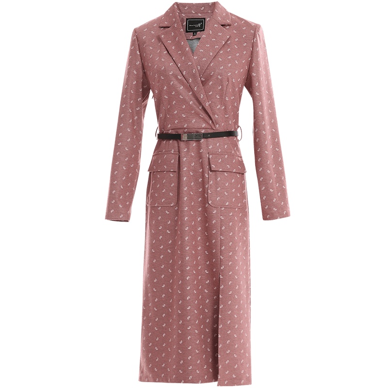 欧昵雪气质西装领收腰开叉印花连衣裙女显瘦a字裙