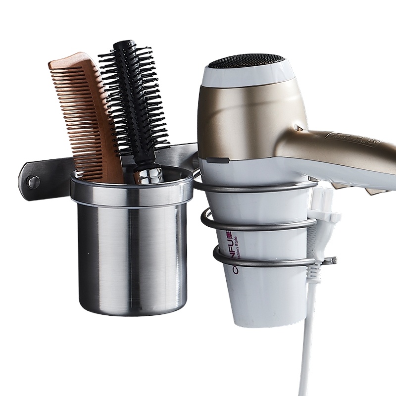 免打孔吹风机架304不锈钢壁挂卫生间厕所浴室置物架电吹风筒收纳 304二合一拉丝吹风机架-免打孔