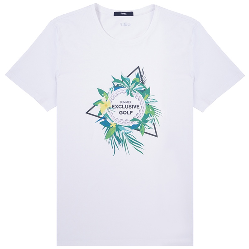 GOLF/高尔夫圆领弹力棉白色印花图案短袖男装T恤衫修身上衣男