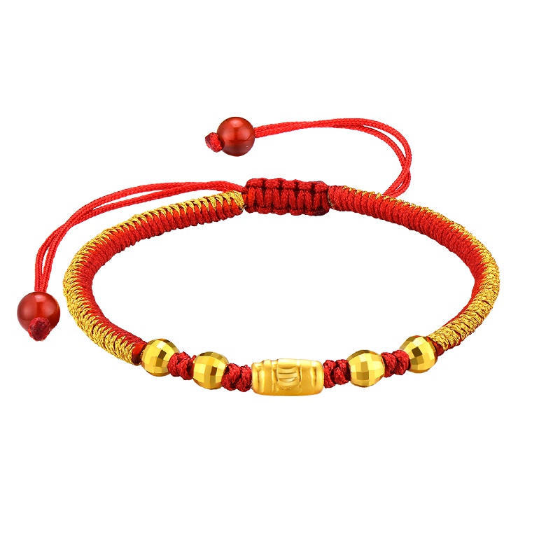 蒂蔻 橄榄圆珠黄金手链男女款本命年足金编织红绳3D硬金手饰自戴新年生日礼物