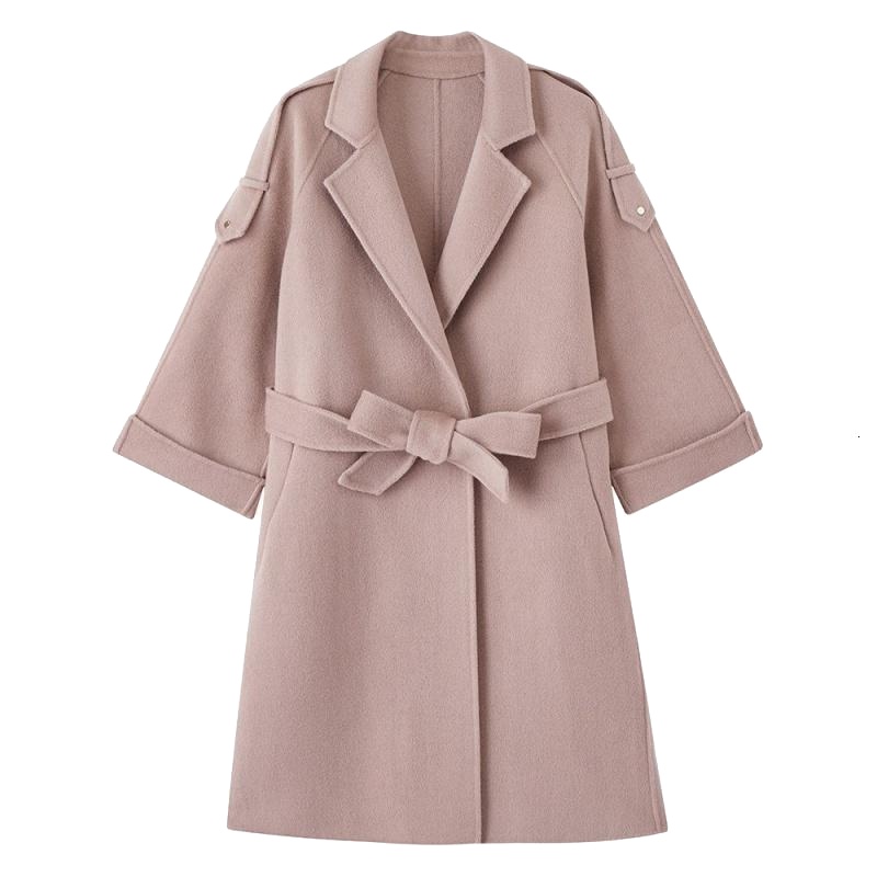 新款拉夏贝尔双面毛呢外套女冬装中长款韩版新款直筒流行呢子外套大衣2T000574