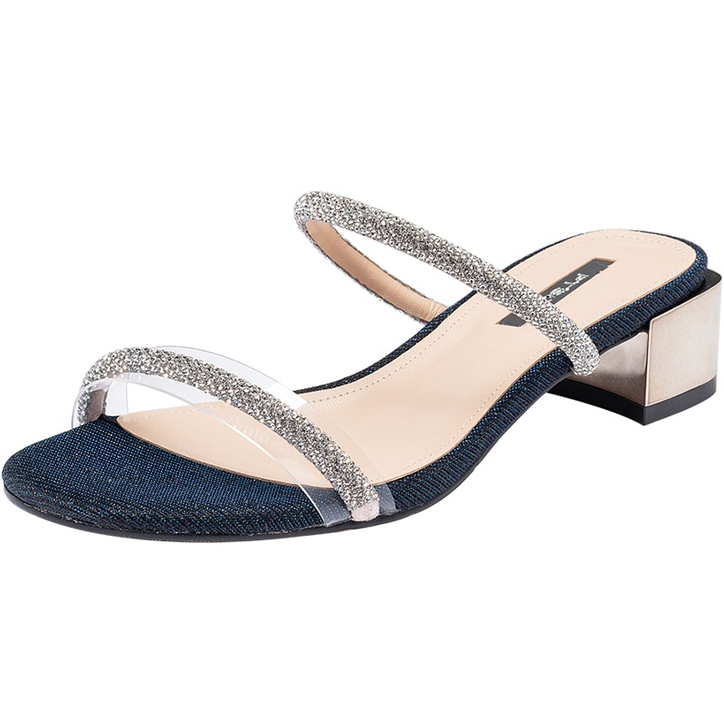 百田森夏季新款闪钻条带高跟鞋柔韧透明胶片高跟凉拖鞋女