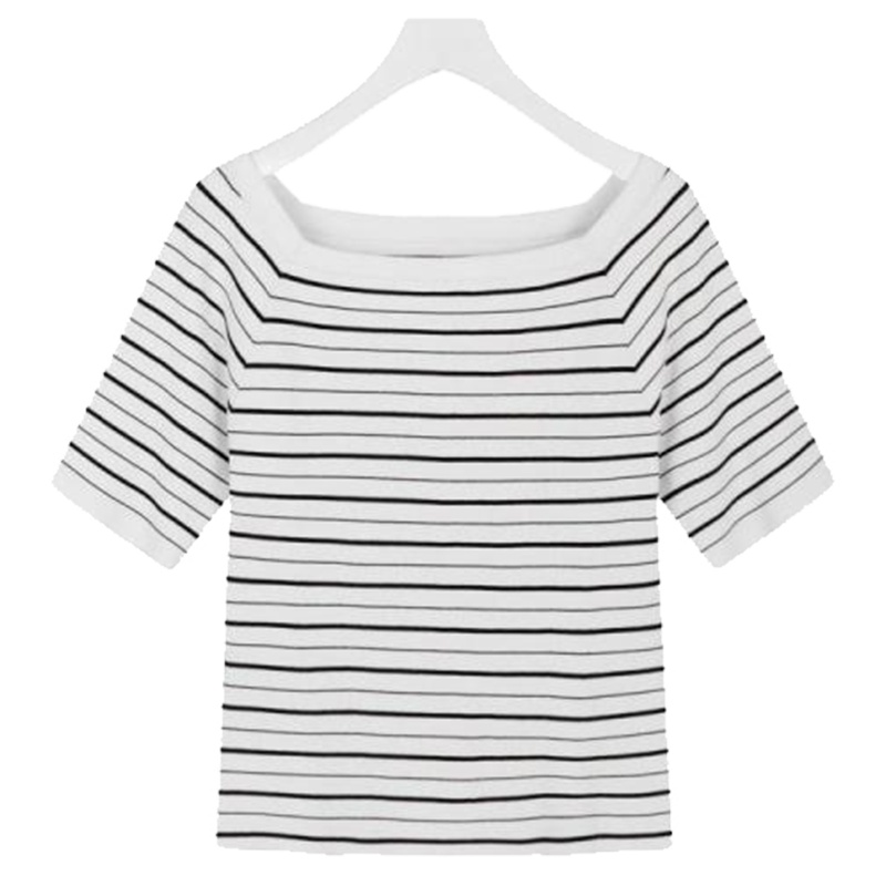 拉夏贝尔春季新款薄一字领短款中袖黑白条纹套头毛针织衫女士30081597