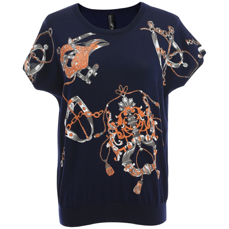 欧昵雪夏季圆领锁链印花宽松薄款针织衫女短袖显瘦上衣