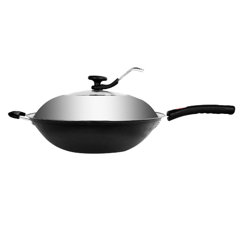 [品牌优选]无涂层老式铁锅不粘锅炒锅电磁炉煤气灶炒菜锅具吉祥鹤32平底加厚+不锈钢盖送铁铲