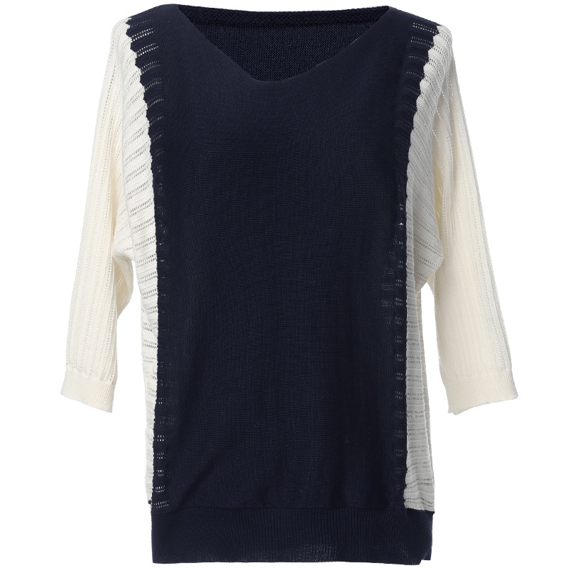 欧昵雪秋装镂空七分袖拼接撞色蝙蝠袖宽松毛衣女针织衫